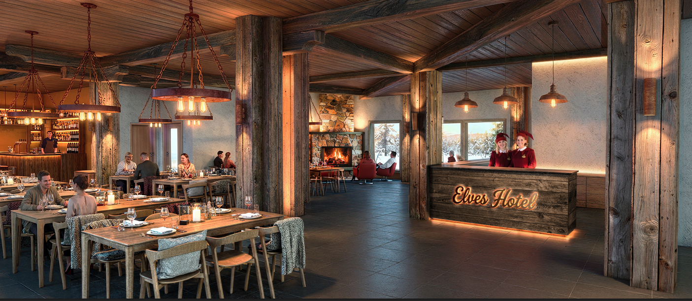 Restaurante y recepción de Elves Hotel con la chimenea encendida