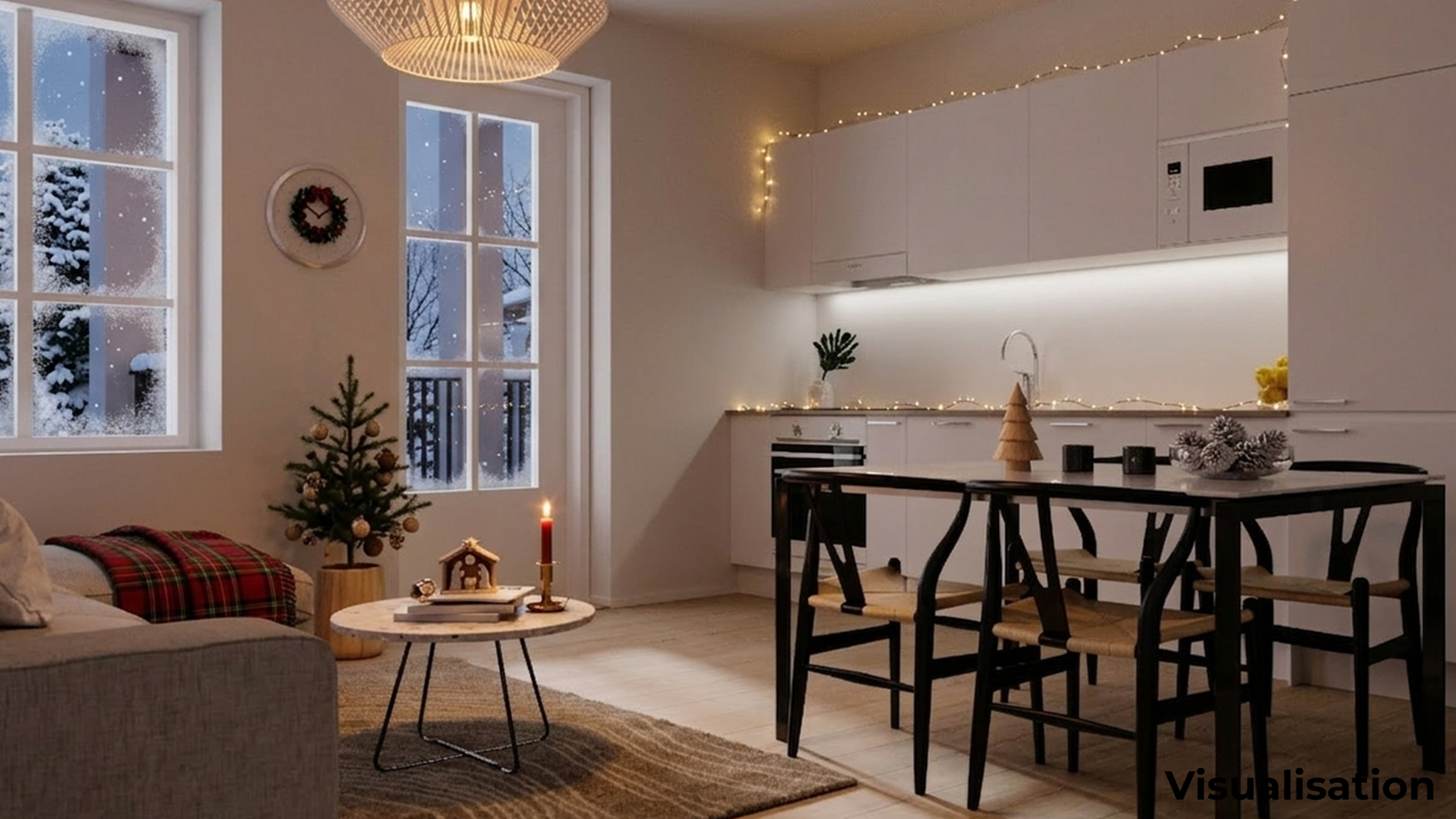 Salón luminoso con cocina americana decorado para Navidad