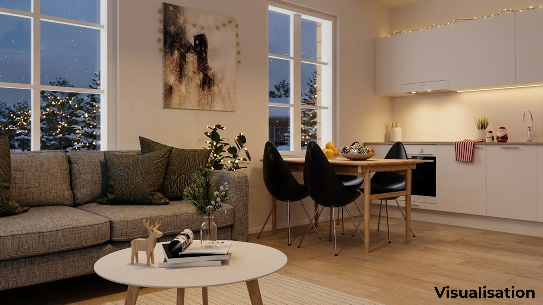 Acogedora sala de estar con sofá y comedor junto a grandes ventanales