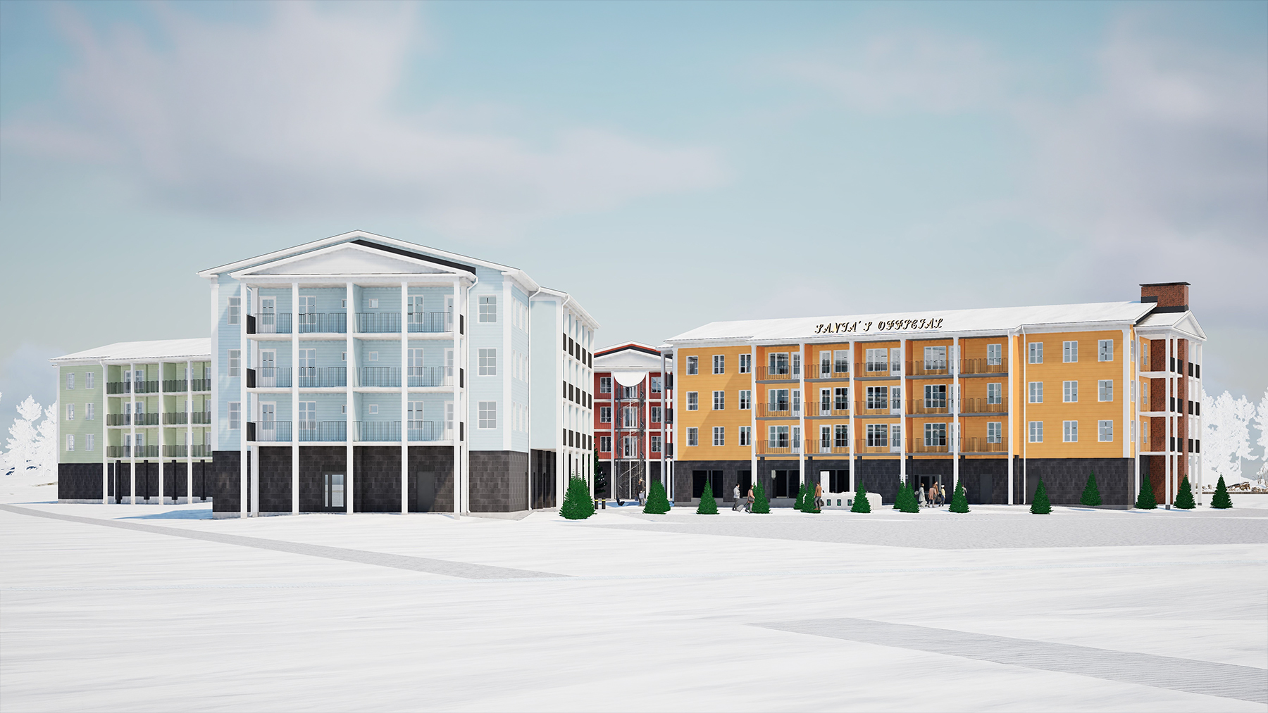 Edificios de apartamentos de Elveshotels en un día de invierno nevado
