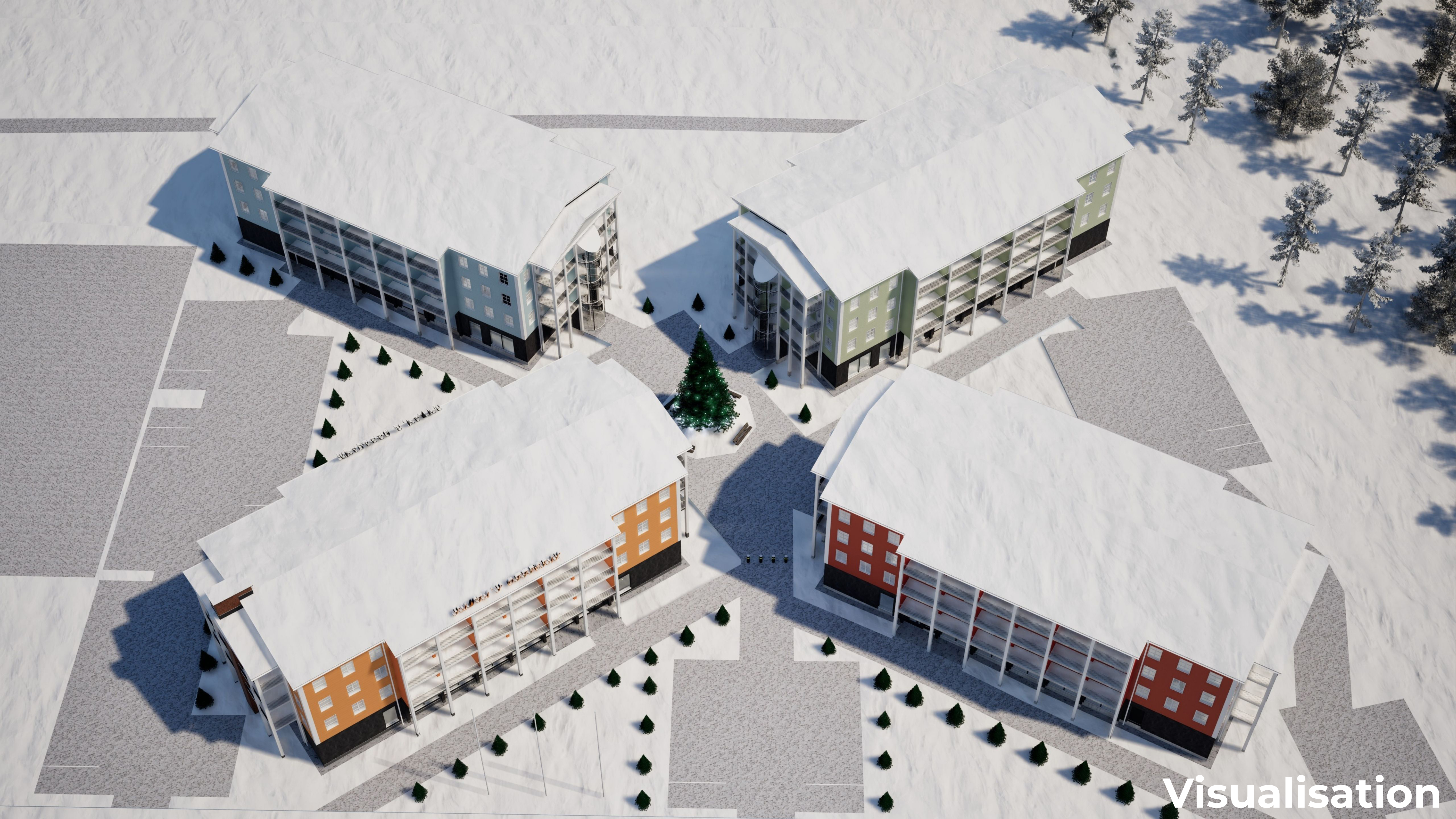Vista aérea del complejo de Elveshotels en la nieve